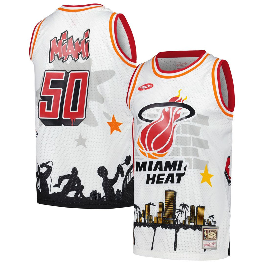 Miami Heat Mitchell & Ness x Tats Cru Hardwood Classics Fashion Jersey - White