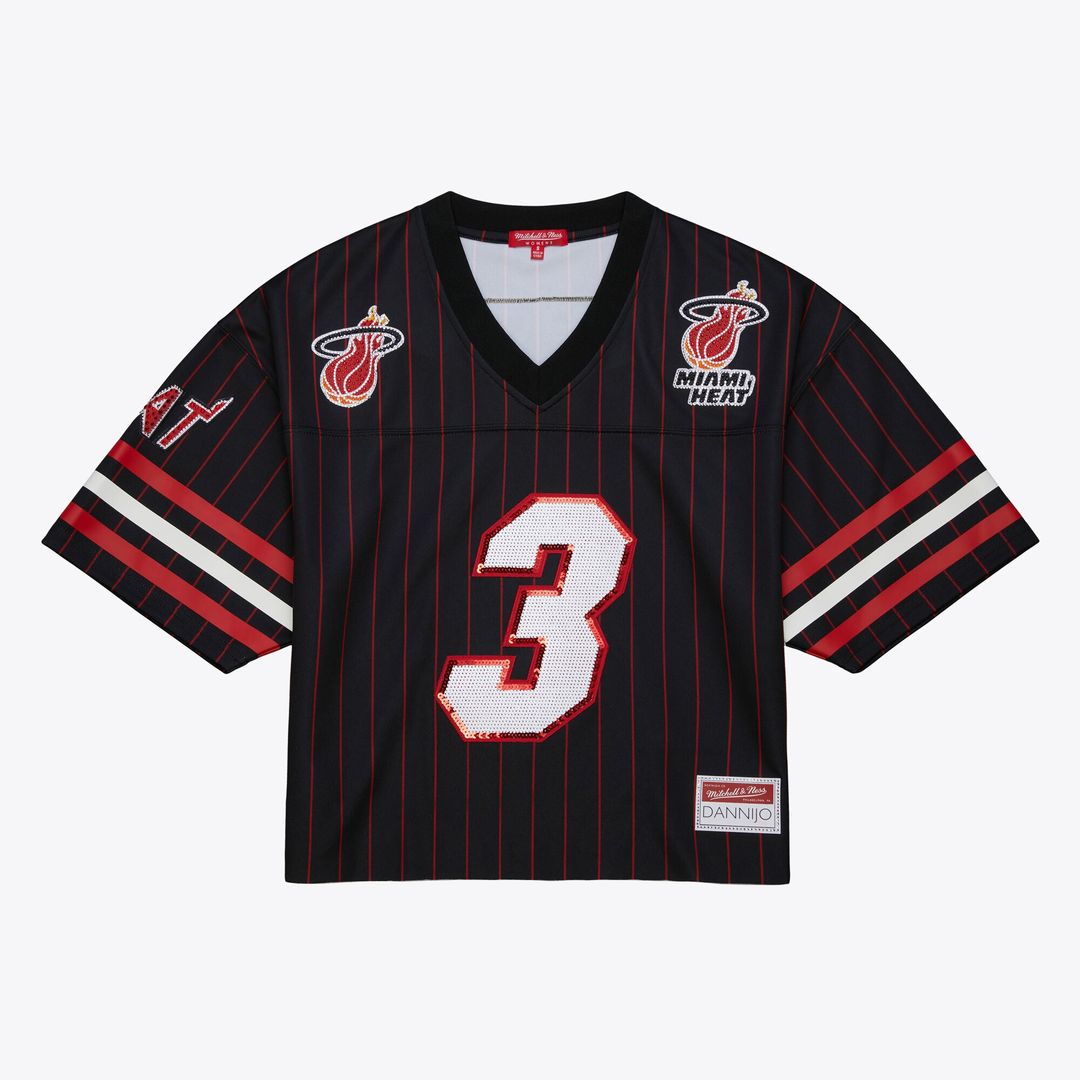 Dwyane Wade Miami Heat Mitchell & Ness x DANNIJO Women's Cropped Football Fashion Jersey - Black