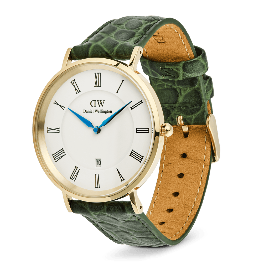Classic Roman Numerals Date Dark Green Croc Belly Gold