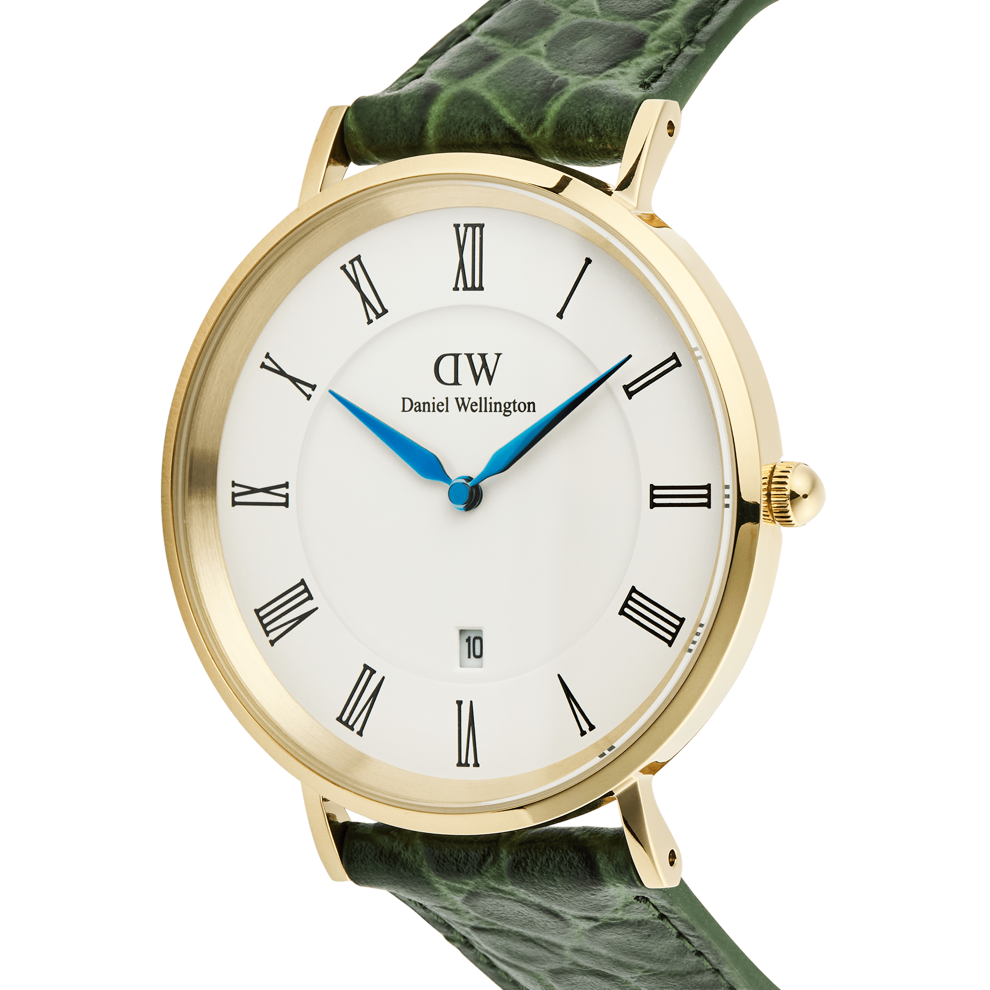 Classic Roman Numerals Date Dark Green Croc Belly Gold