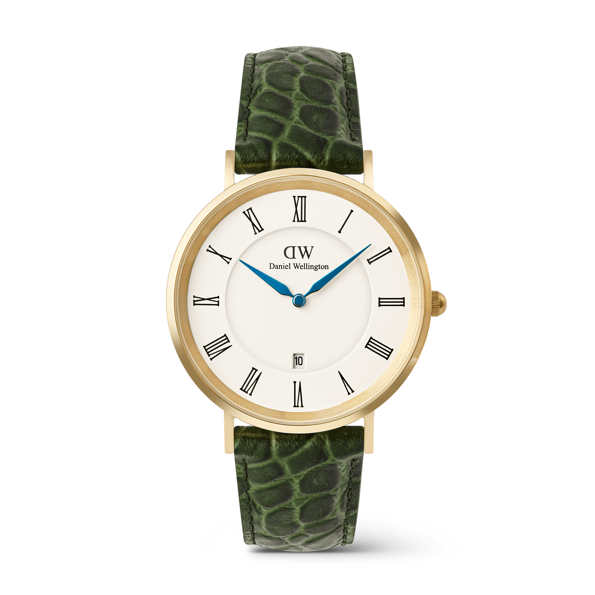 Classic Roman Numerals Date Dark Green Croc Belly Gold