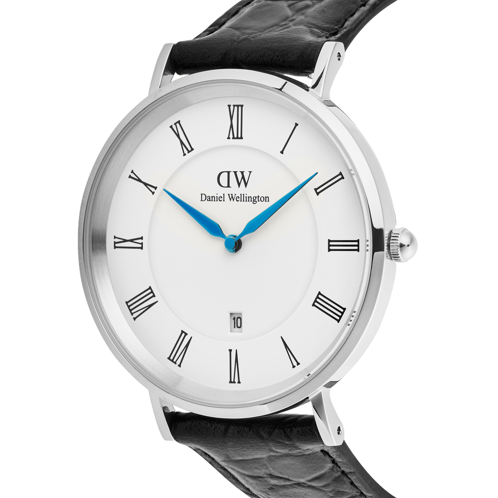 Classic Roman Numerals Date Black Croc Belly Silver