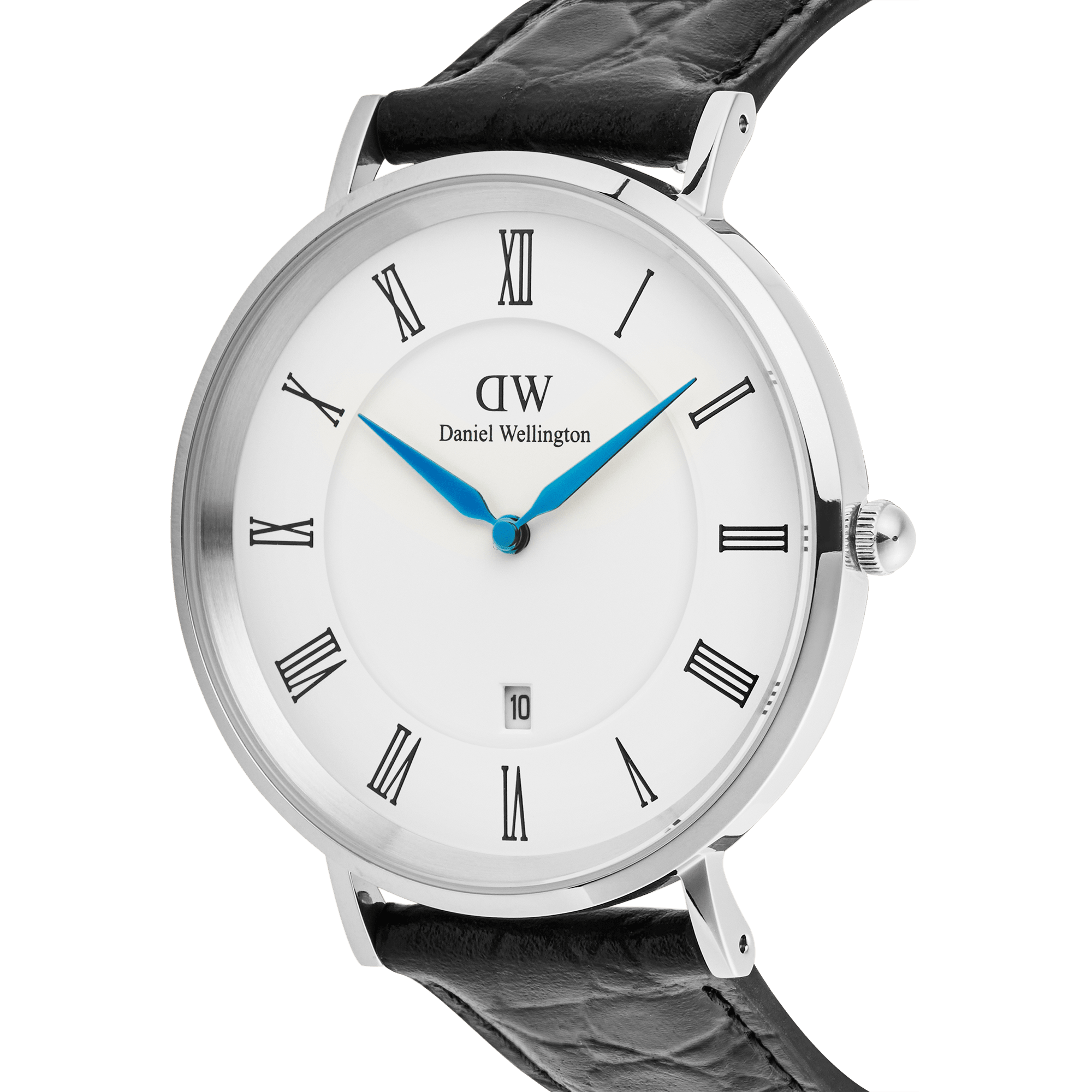 Classic Roman Numerals Date Black Croc Belly Silver