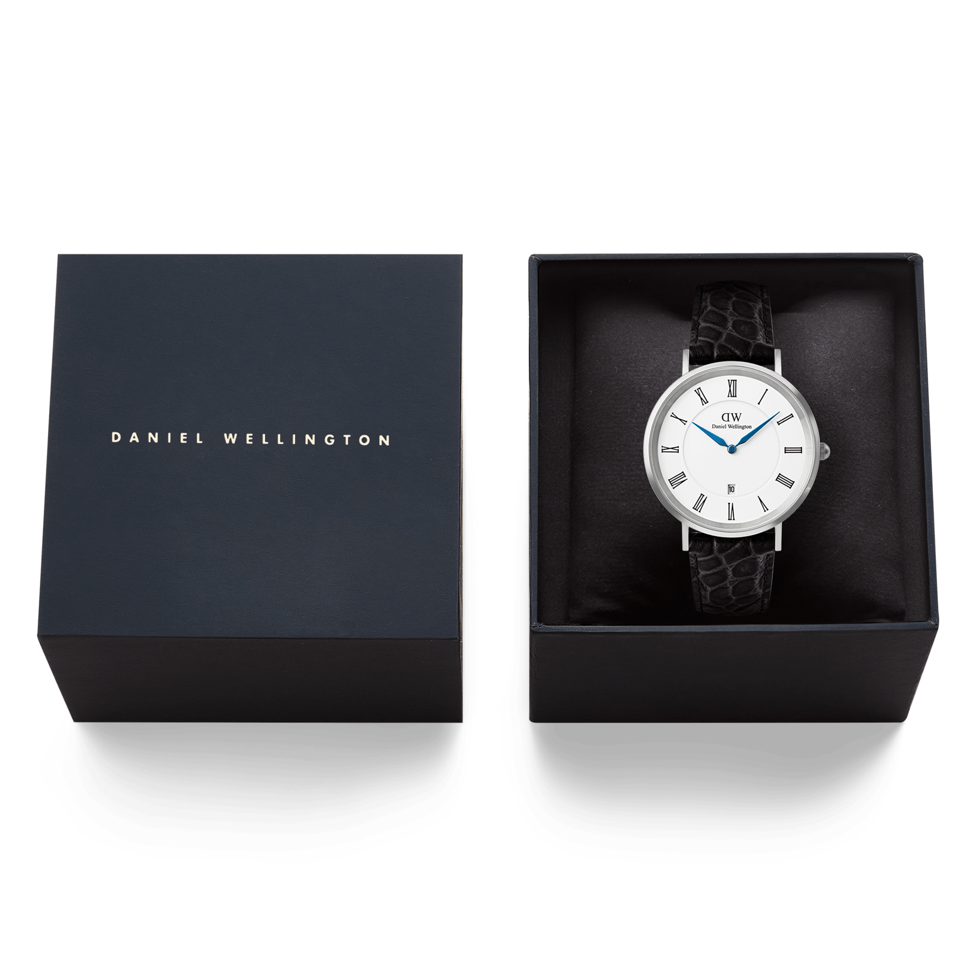 Classic Roman Numerals Date Black Croc Belly Silver