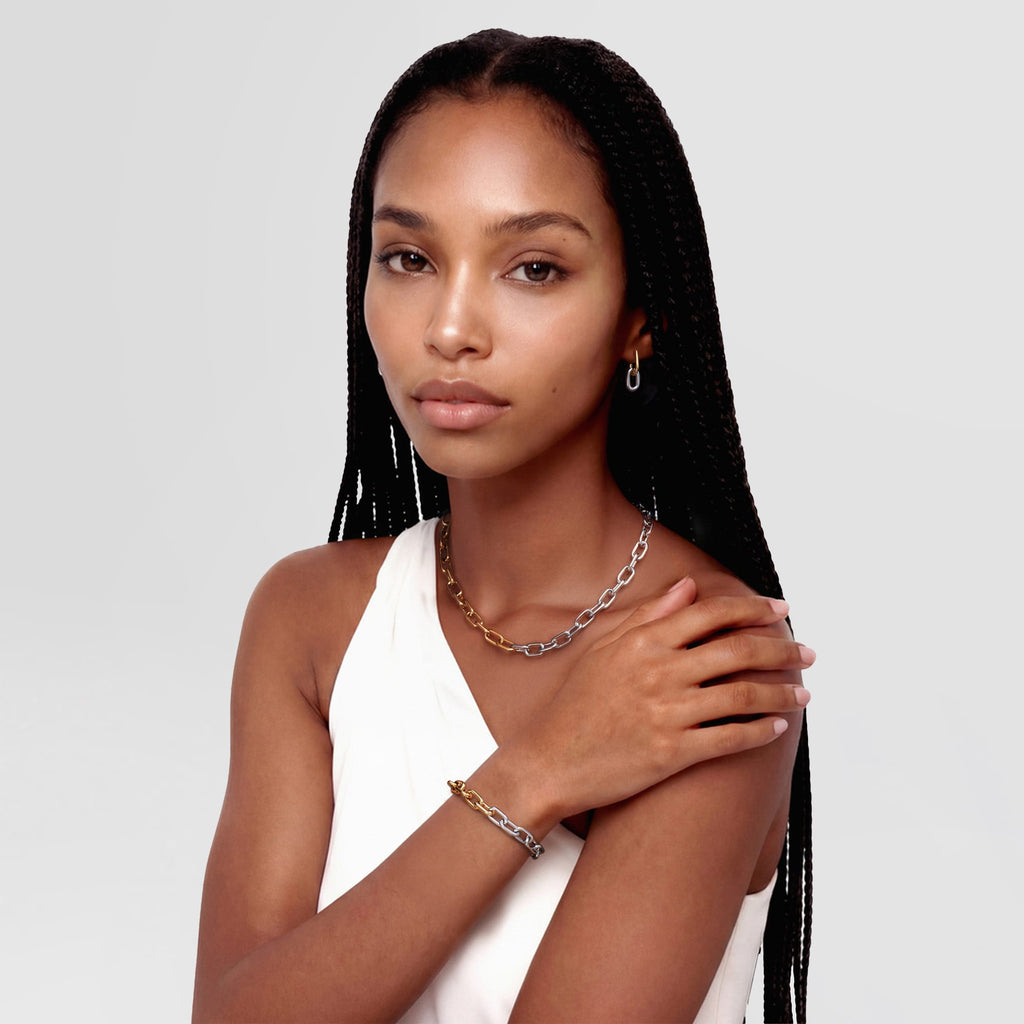Contrast Link Earrings Two Tone Gold