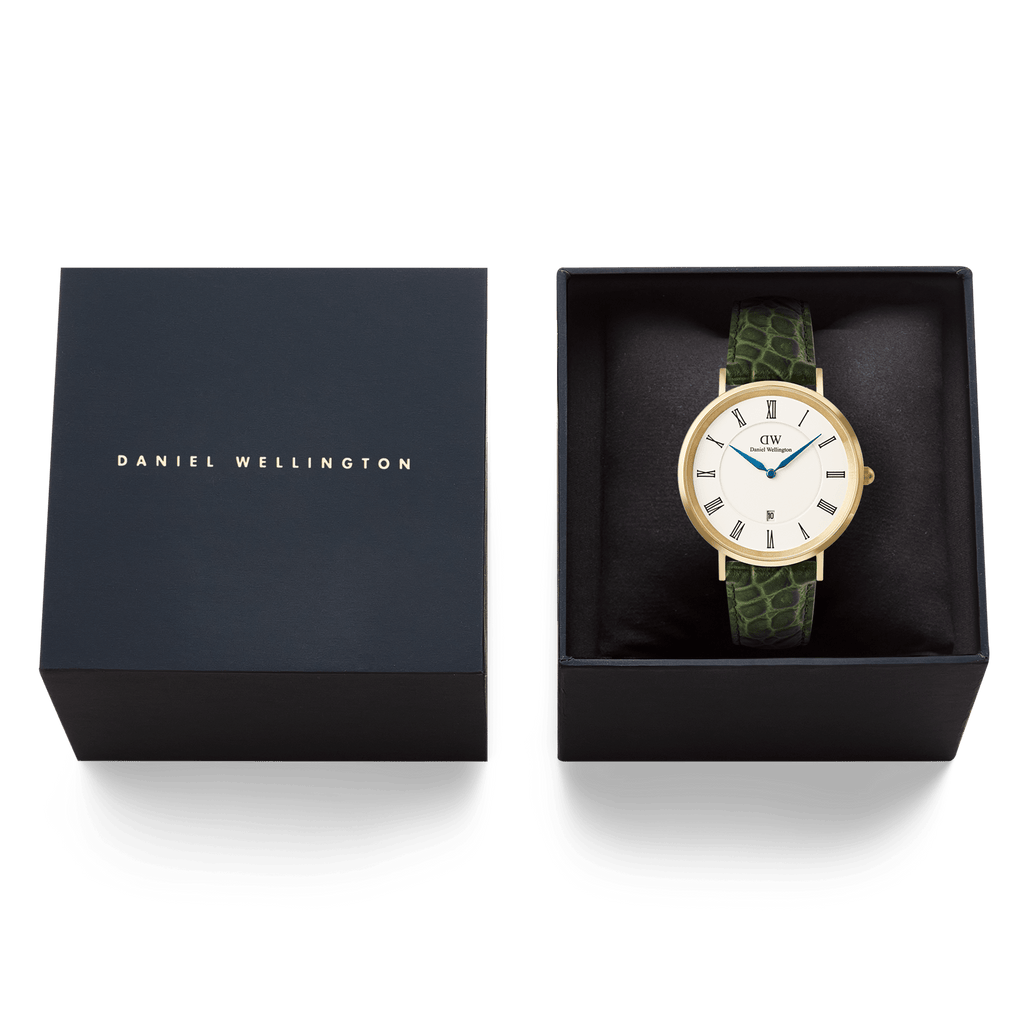 Classic Roman Numerals Date Dark Green Croc Belly Gold