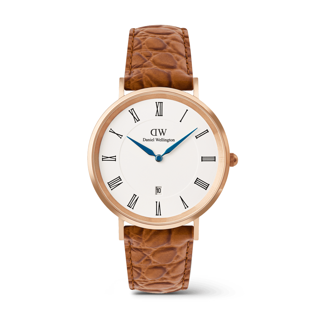 Classic Roman Numerals Date Light Brown Croc Belly Rose Gold