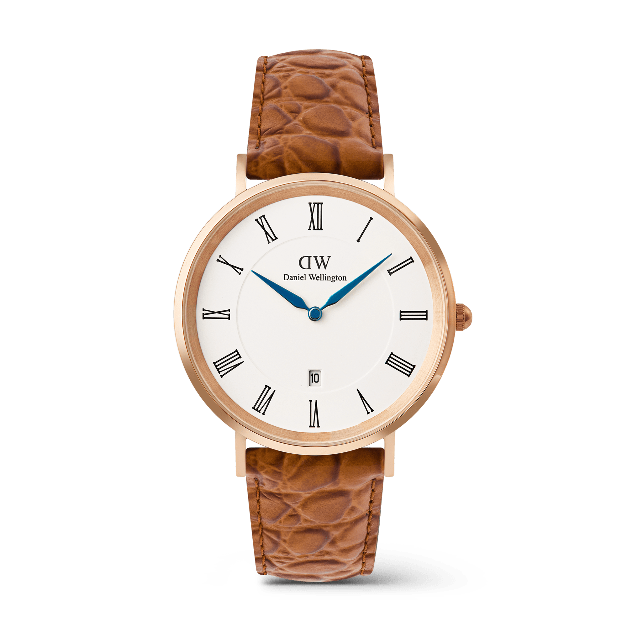 Classic Roman Numerals Date Light Brown Croc Belly Rose Gold