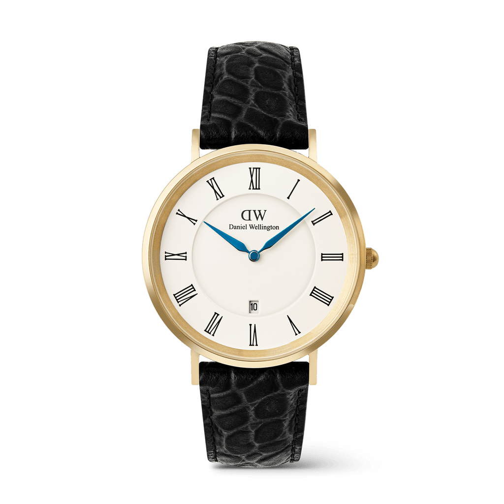 Classic Roman Numerals Date Black Croc Belly Gold
