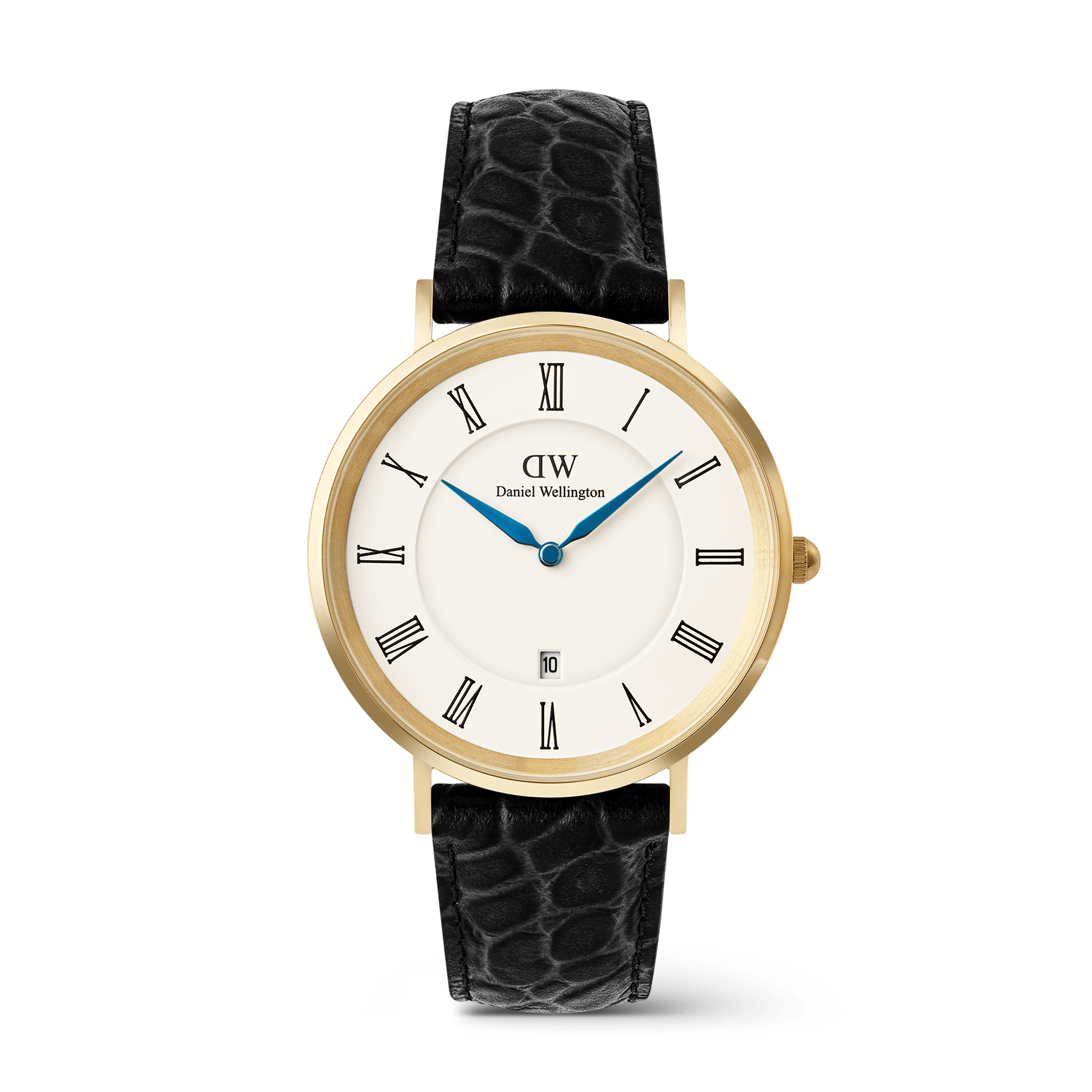 Classic Roman Numerals Date Black Croc Belly Gold