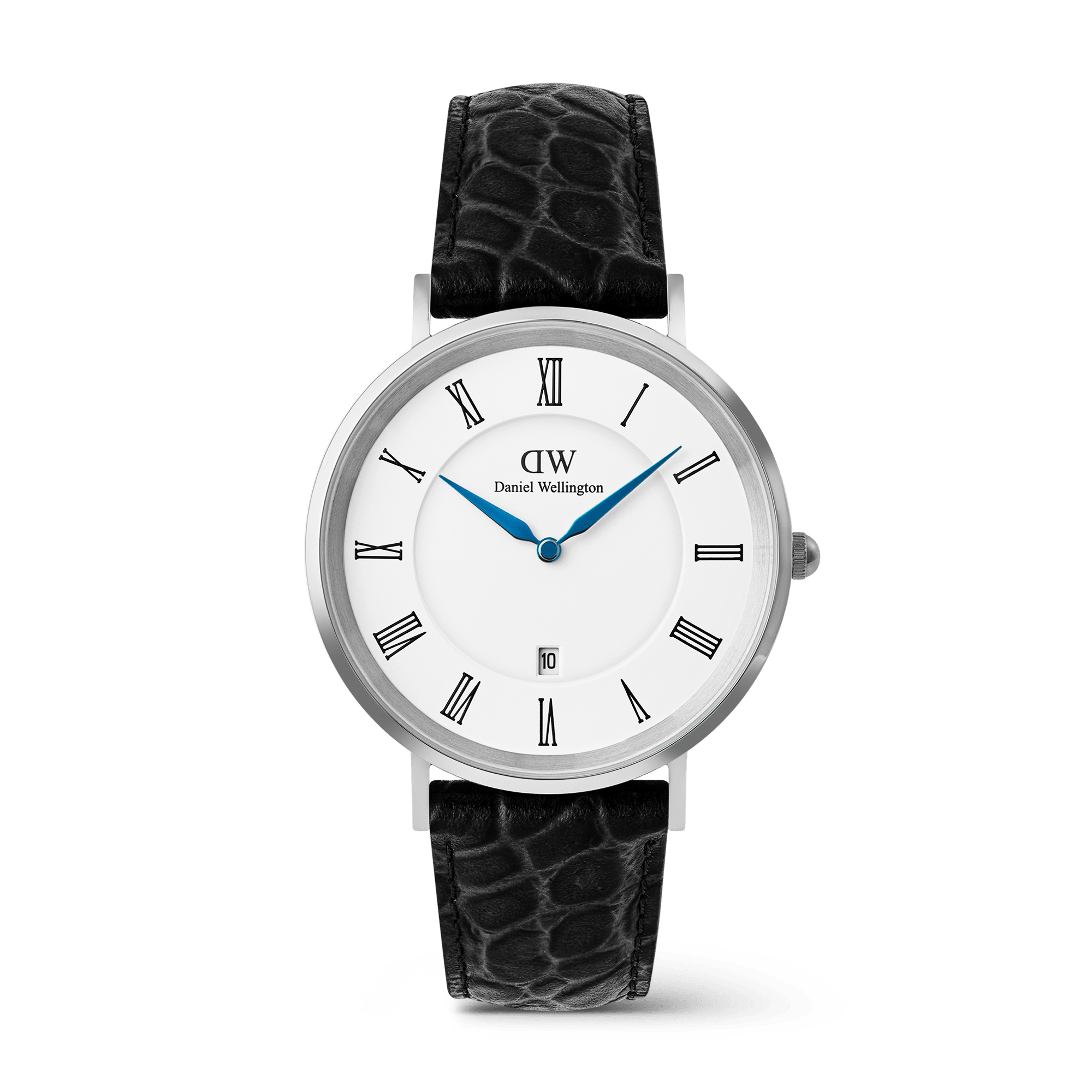 Classic Roman Numerals Date Black Croc Belly Silver