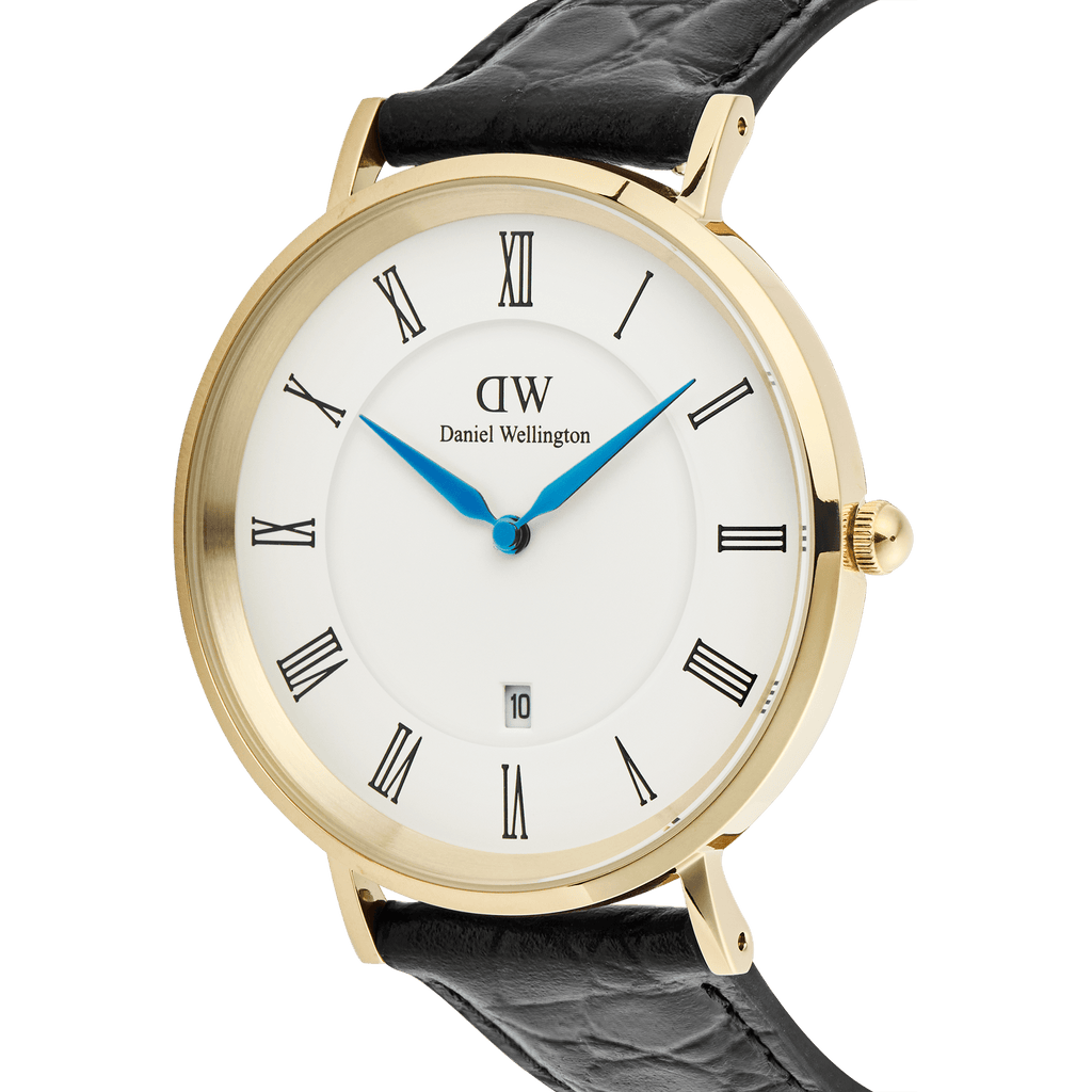 Classic Roman Numerals Date Black Croc Belly Gold